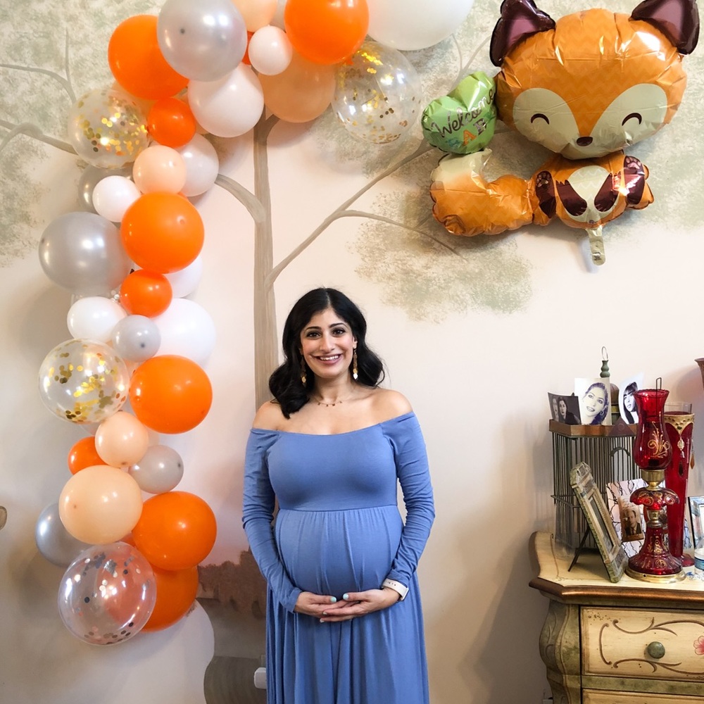 Off the shoulder blue maternity dress